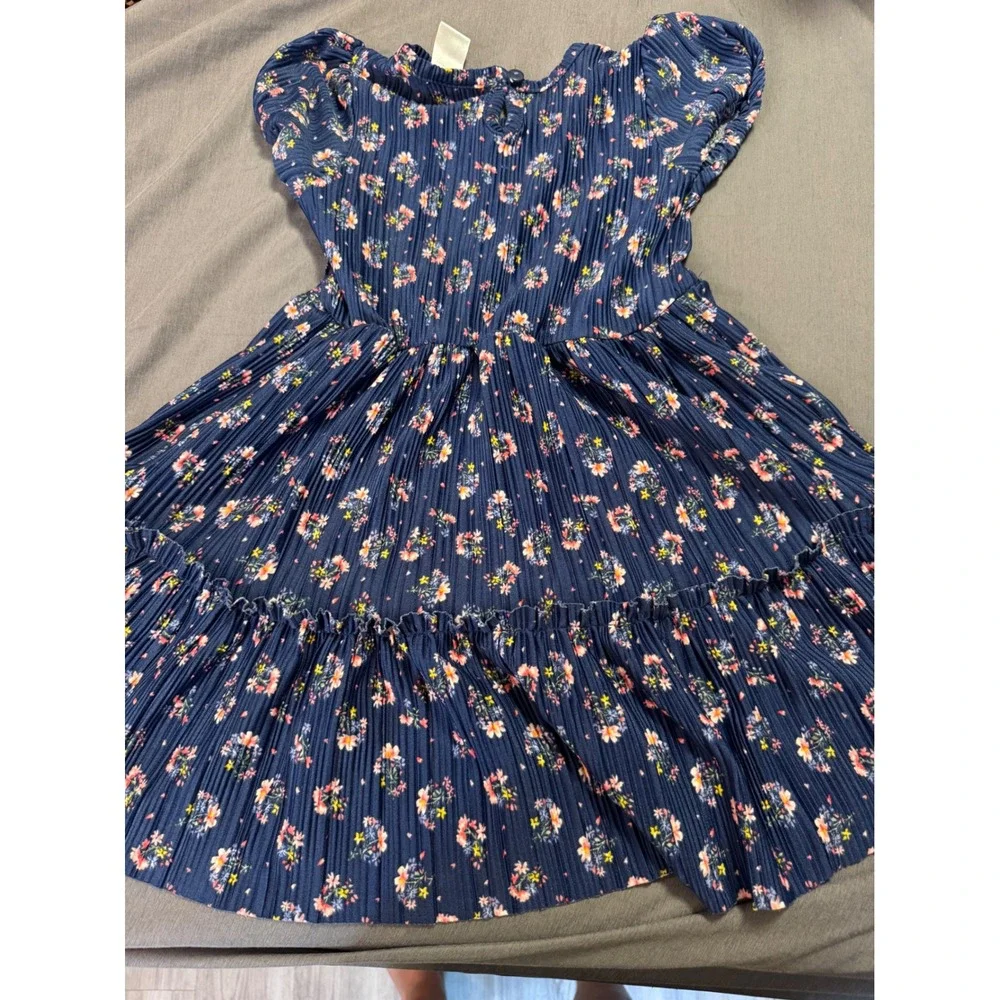 Navy Blue Floral Plissé Pleated Tiered Dress Short Puff Sleeve 4T